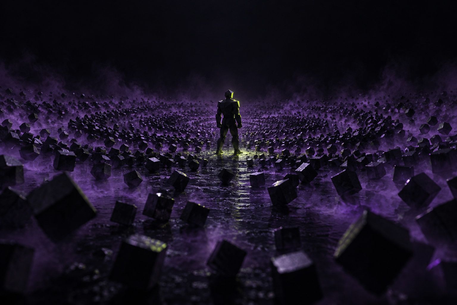 Placeholder cover: a lone blocky figure surrounded by a swarm of dark cubes in violet haze