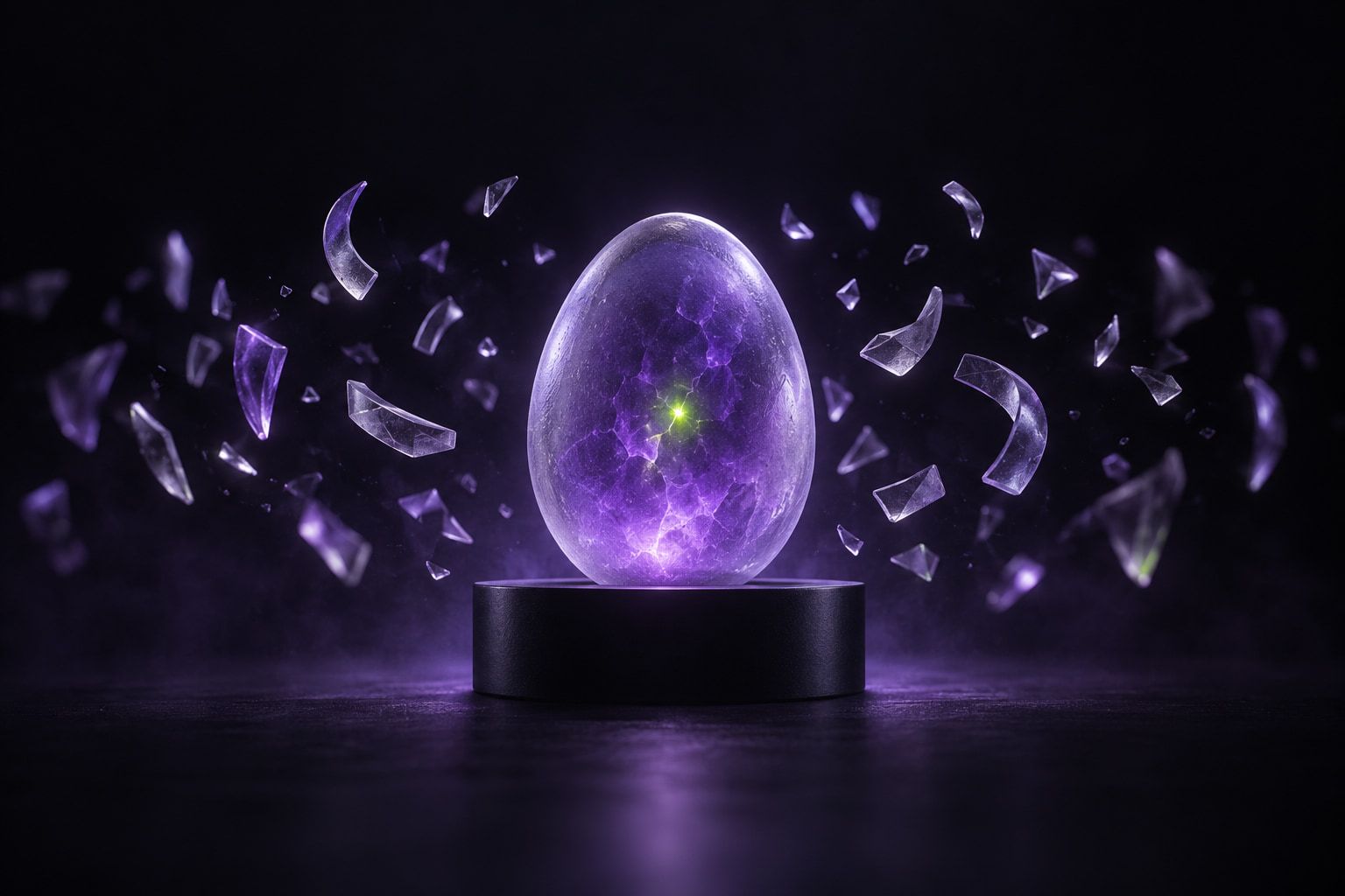Placeholder cover: a glowing violet glass egg on a black pedestal with floating shards
