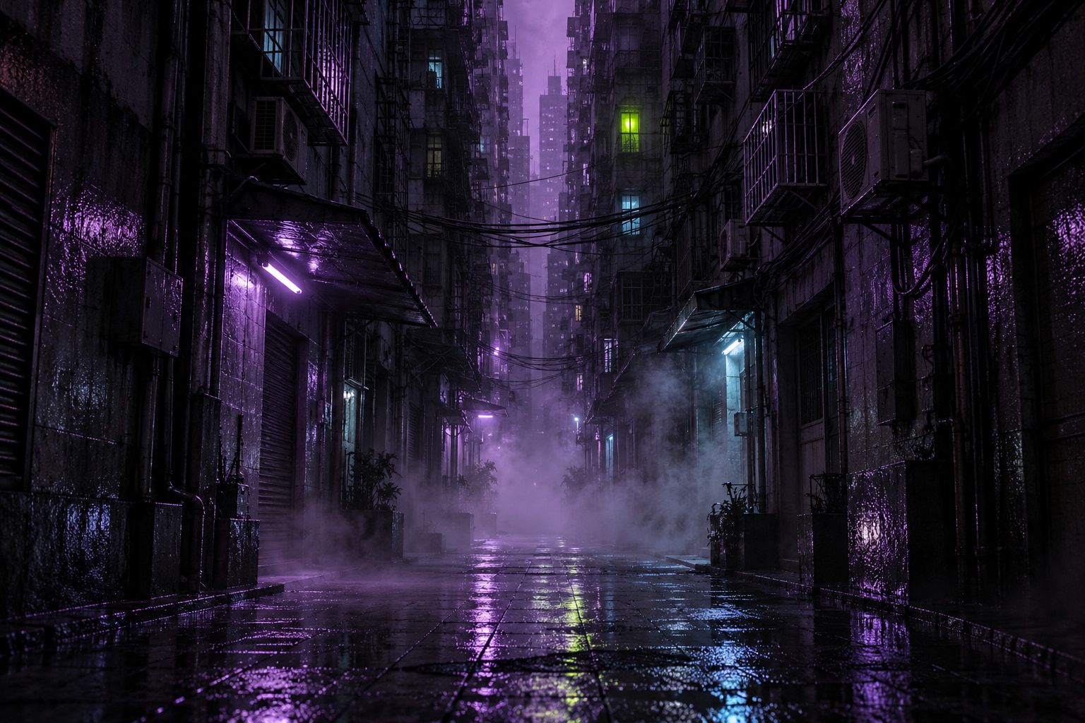 Placeholder cover: a misty, wet alley between dense urban-village towers at night